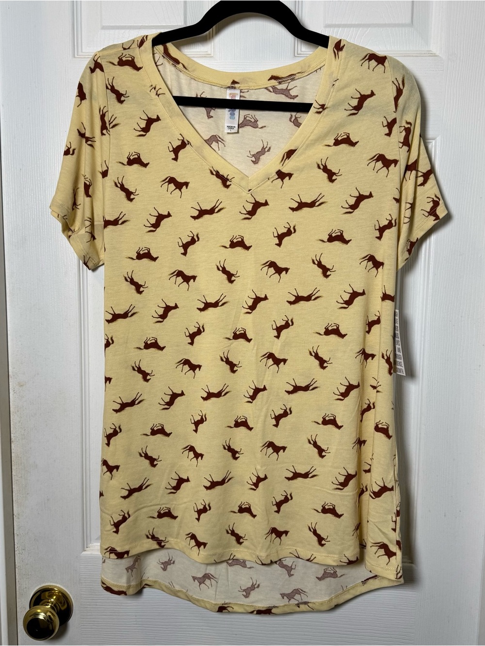 LuLaRoe Pale Yellow V-Neck Tee with Brown Deer Print Christy T